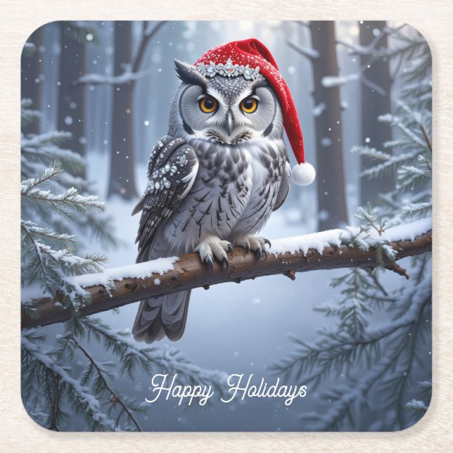 Owl with Santa Hat Square Paper Coaster (Front)