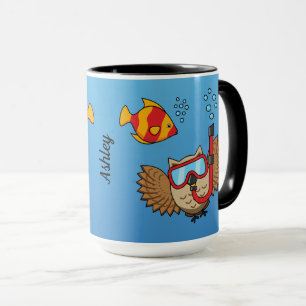 Owl with Snorkel Mask and Tropical Fish   Add Name Mug