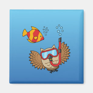 Owl with Snorkel Mask and Tropical Fish Magnet