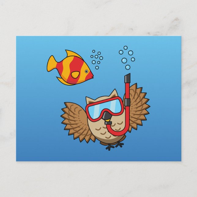 Owl with Snorkel Mask and Tropical Fish Postcard (Front)