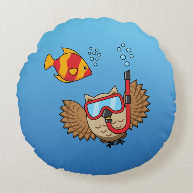 Owl with Snorkel Mask and Tropical Fish Round Cushion (Front)
