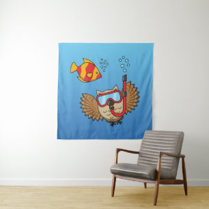 Owl with Snorkel Mask and Tropical Fish Tapestry