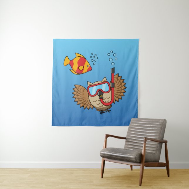 Owl with Snorkel Mask and Tropical Fish Tapestry (In Situ)