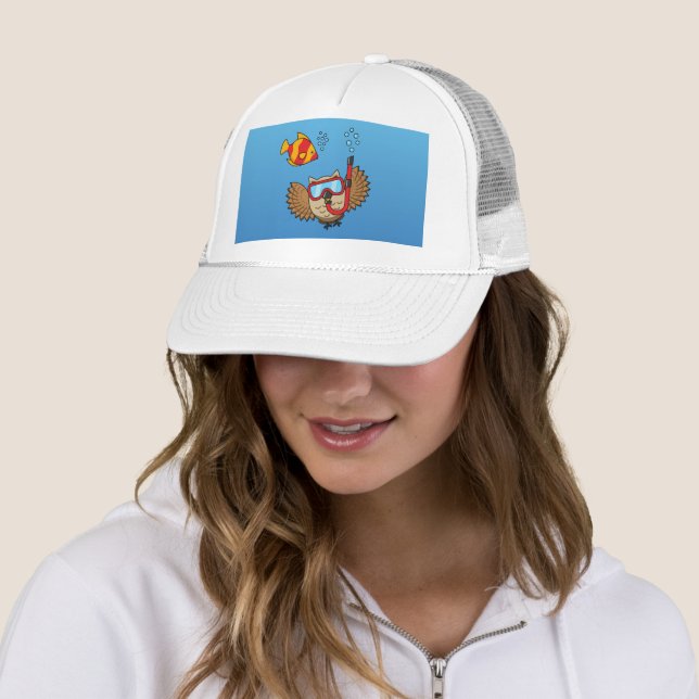 Owl with Snorkel Mask and Tropical Fish Trucker Hat (In Situ)