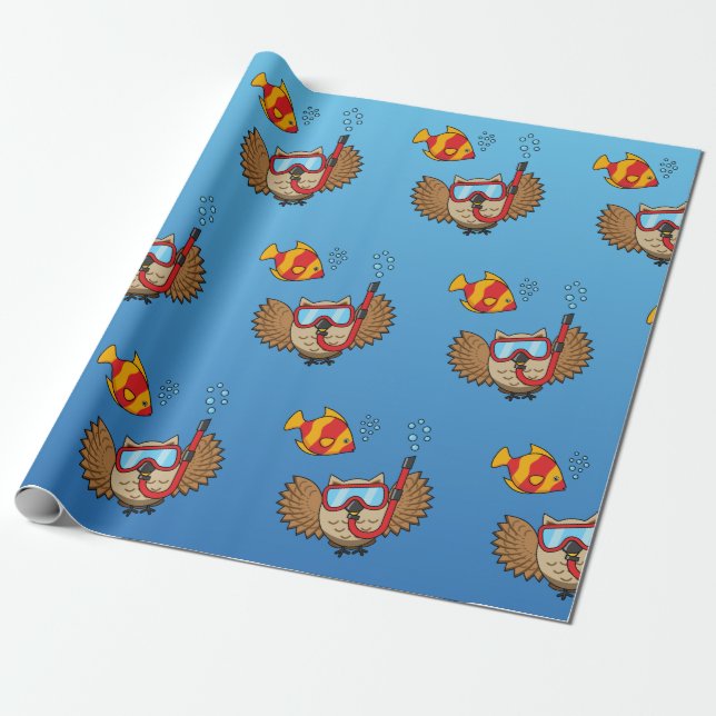 Owl with Snorkel Mask and Tropical Fish Wrapping Paper (Unrolled)