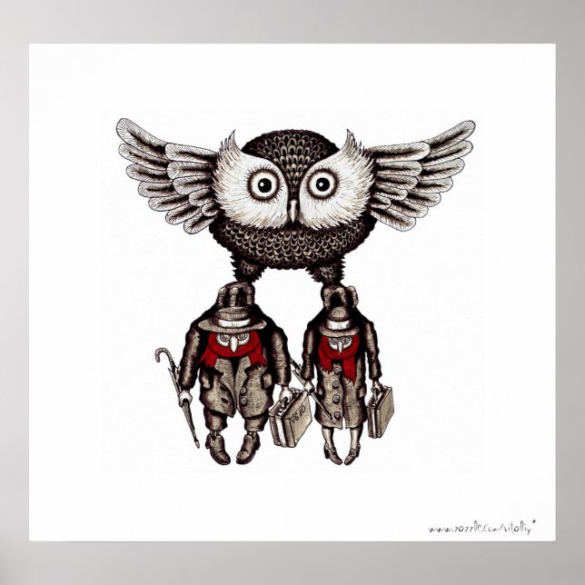Owl with two people abstract graphic art poster (Front)