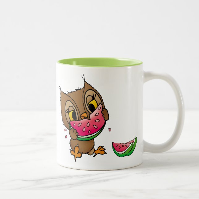 owl with watermelon Two-Tone coffee mug (Right)