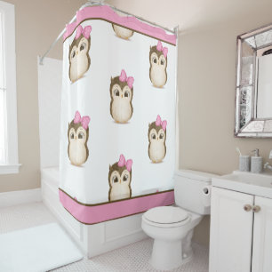 Owl Woodland Animals Watercolor Pink Cute Shower Curtain