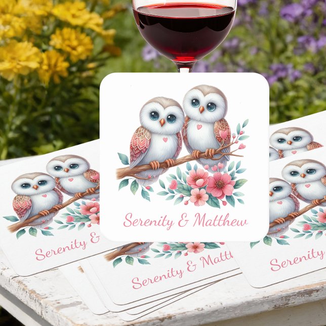 Owl Woodland Boho Rustic Country Wedding Square Paper Coaster (Creator Uploaded)