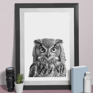 Owl Woodland Modern Portrait black white  Poster