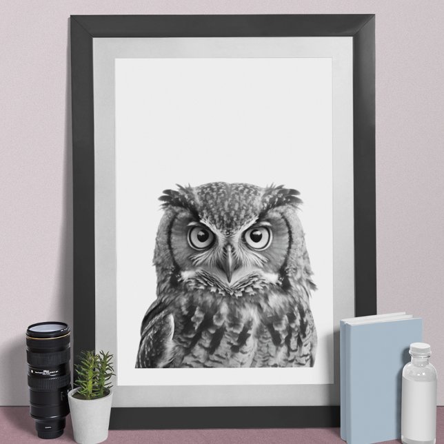 Owl Woodland Modern Portrait black white  Poster (Creator Uploaded)