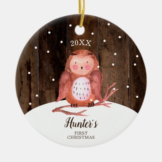 Owl Woodland Personalised Baby's First Christmas Ceramic Ornament (Front)