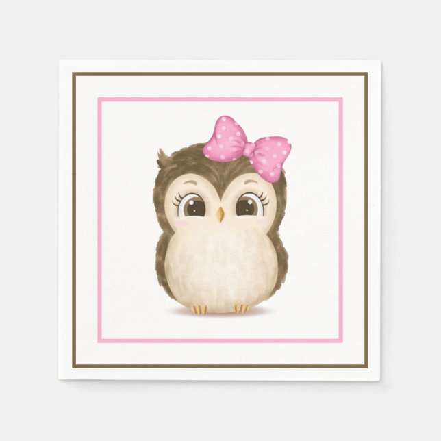 Owl Woodland Watercolor Pink Cute Napkin (Front)