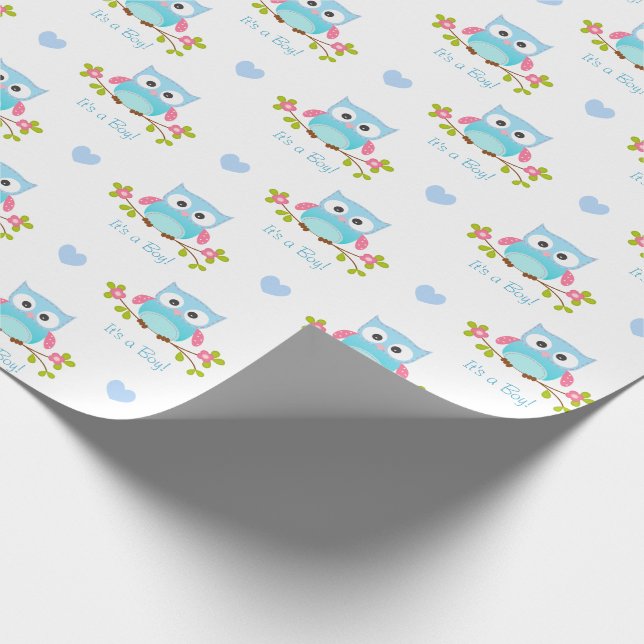 Owl Wrapping Paper Baby Boy Blue It's A Boy (Corner)