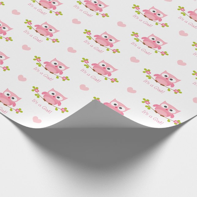 Owl Wrapping Paper Baby Girl Pink It's A Girl (Corner)