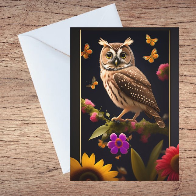 Owl Yellow Butterflies Floral Illustration Thank You Card (Creator Uploaded)
