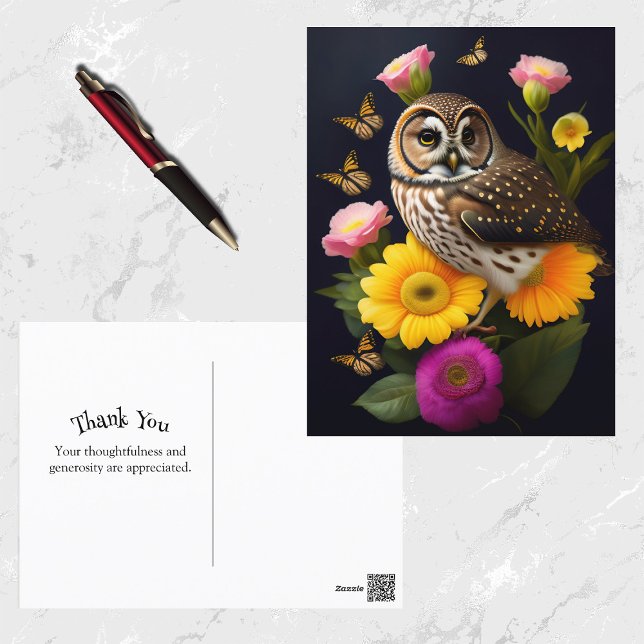 Owl Yellow Pink Floral Butterfly Illustration Postcard (Creator Uploaded)