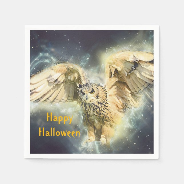 Owl Yellow Wings Spread Graphic Halloween Napkin (Front)