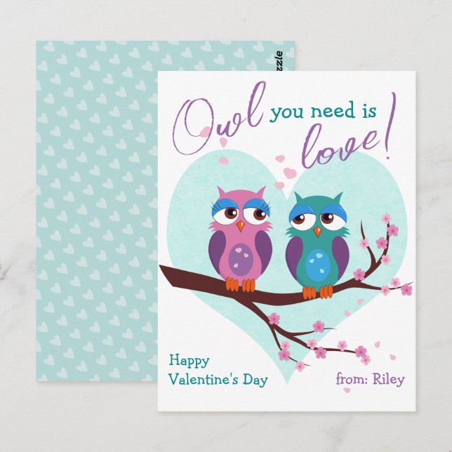Owl you need is love Cute Classroom Valentines Day Postcard (Front/Back)