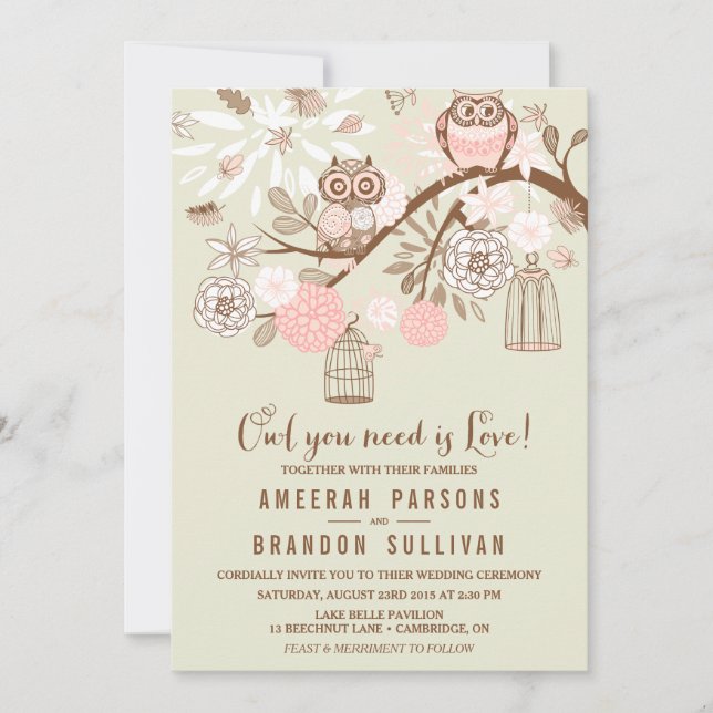 Owl You Need Is Love Pink Owls Wedding Invitation (Front)