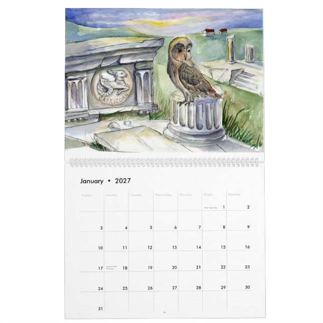 Owl zodiac fantasy watercolors calendar (Jan 2027)
