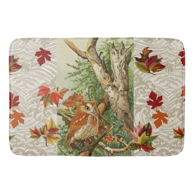 OWLS AMONG FALL LEAVES IN WOODLAND BATH MAT (Front)