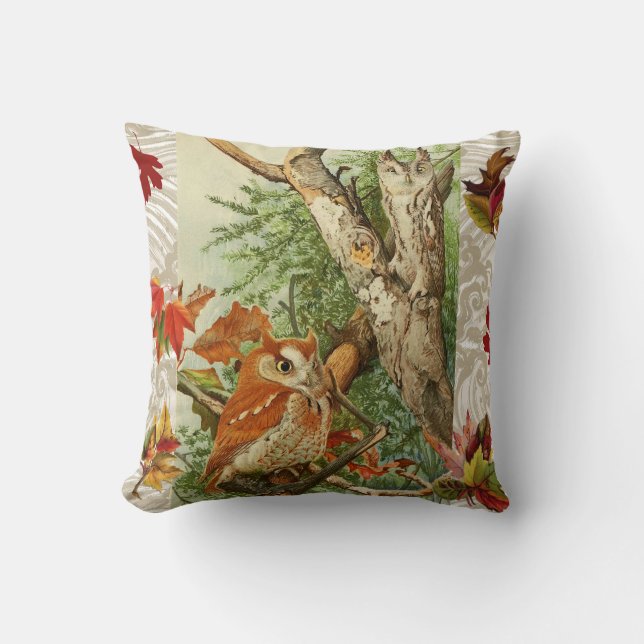 OWLS AMONG FALL LEAVES IN WOODLAND CUSHION (Front)