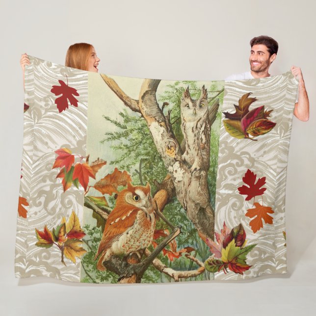 OWLS AMONG FALL LEAVES IN WOODLAND FLEECE BLANKET (In Situ)