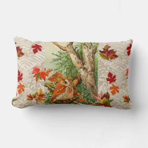 OWLS AMONG FALL LEAVES IN WOODLAND LUMBAR CUSHION