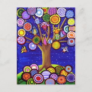 Owls and Blossoms Fun Folk Art Postcard