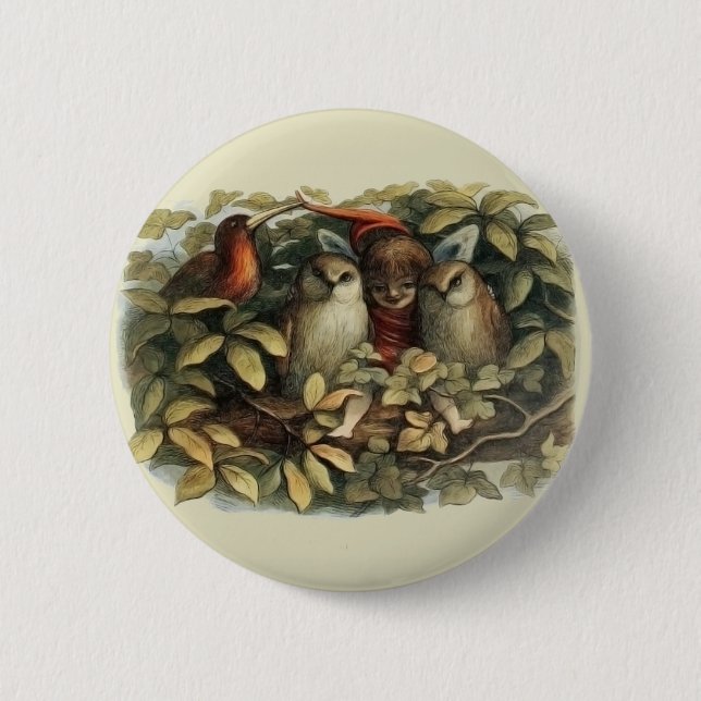 Owls and Elf Fairies Nature Illustration 6 Cm Round Badge (Front)