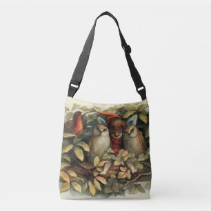 Owls and Elf Fairies Nature Illustration Crossbody Bag