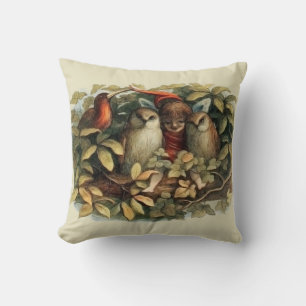 Owls and Elf Fairies Nature Illustration Cushion