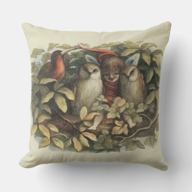 Owls and Elf Fairies Nature Illustration Cushion (Front)