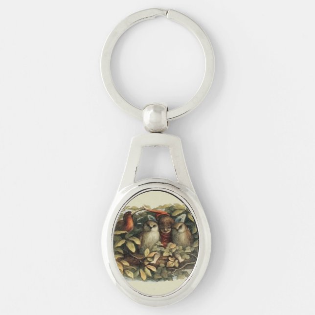Owls and Elf Fairies Nature Illustration Key Ring (Front)