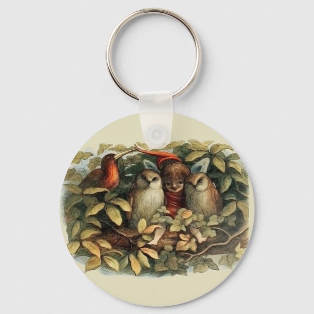 Owls and Elf Fairies Nature Illustration Key Ring (Front)