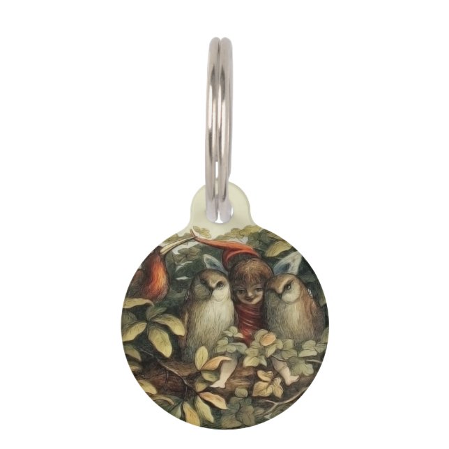 Owls and Elf Fairies Nature Illustration Pet Tag (Front)