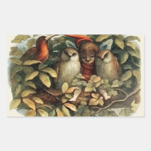 Owls and Elf Fairies Nature Illustration Rectangular Sticker