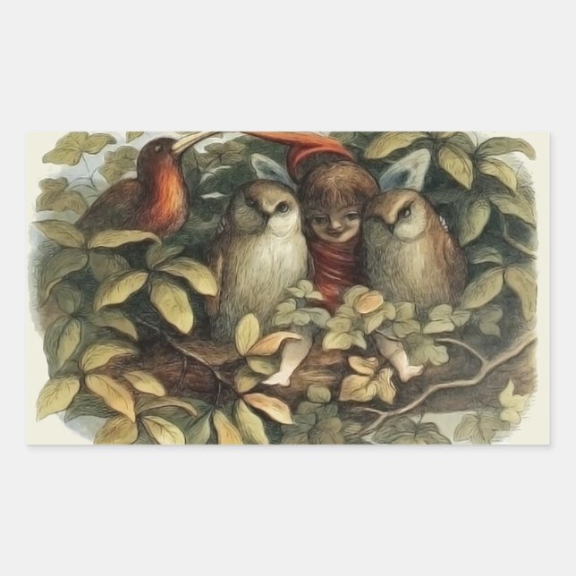 Owls and Elf Fairies Nature Illustration Rectangular Sticker (Front)