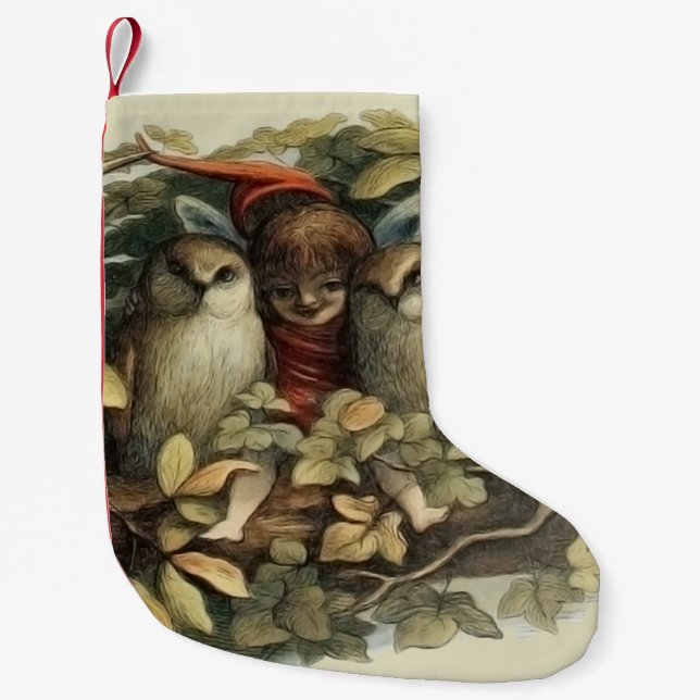Owls and Elf Fairies Nature Illustration Small Christmas Stocking (Front)