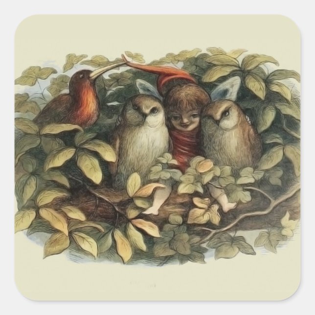 Owls and Elf Fairies Nature Illustration Square Sticker (Front)