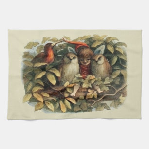 Owls and Elf Fairies Nature Illustration Tea Towel