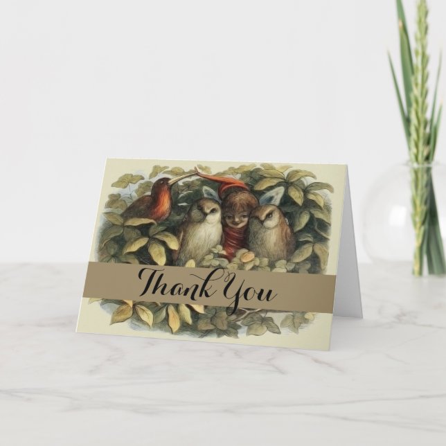 Owls and Elf Fairies Nature Illustration Thank You Card (Front)