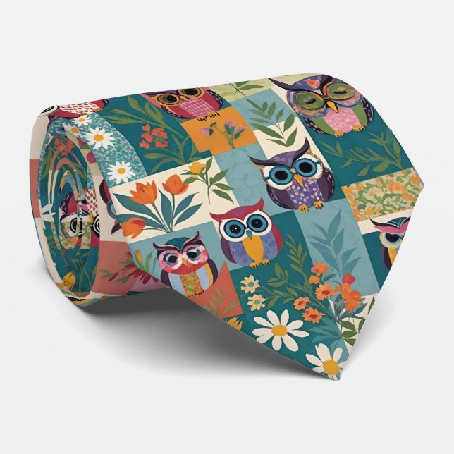 Owls And Flowers Floral Patchwork Colour Block Tie (Rolled)