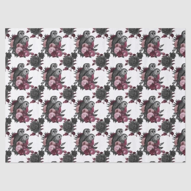 Owls and Flowers on White Decoupage Tissue Paper (Front)