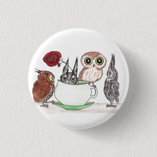 Owls at Teatime 3 Cm Round Badge (Front)