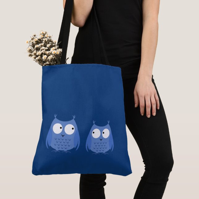 Owls Birds Funny Cute Blue Cartoon Animals Girly Tote Bag (Close Up)