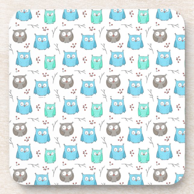 Owls & Branches Pattern Beverage Coaster (Front)