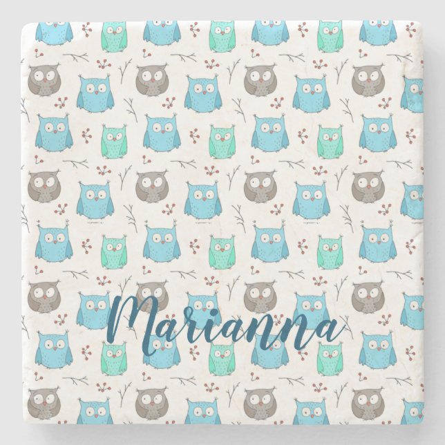 Owls & Branches Pattern Stone Coaster (Front)