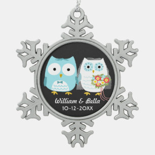 Owls Bride and Groom Just Married Couple Newlyweds Snowflake Pewter Christmas Ornament